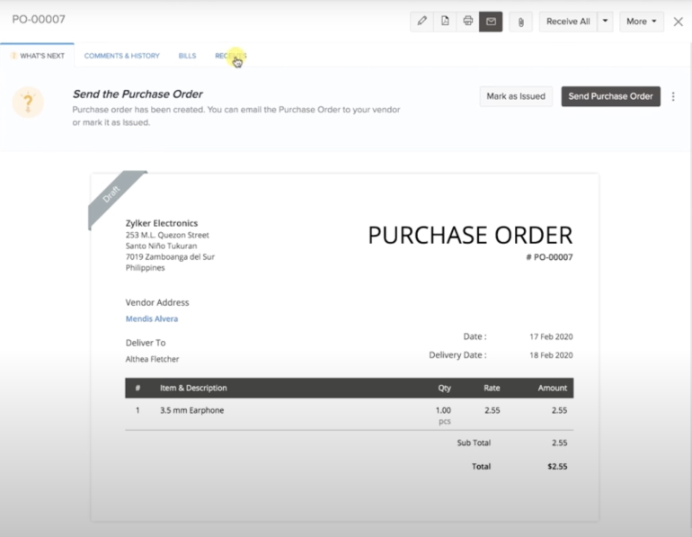 Sample purchase order in Zoho Inventory software displays vendor name and address, PO number, delivery date and order date as well as item description, quantity, rate, subtotal and total amount.